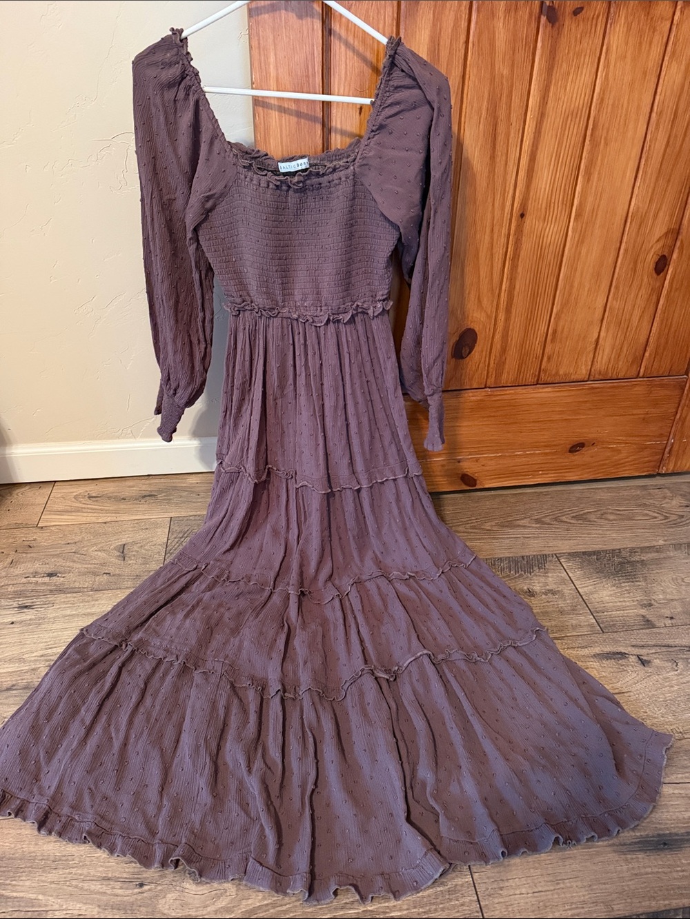 Baltic Born Lydia Swiss Dot Smocked Maxi Dress Cocoa Long Sleeve S M